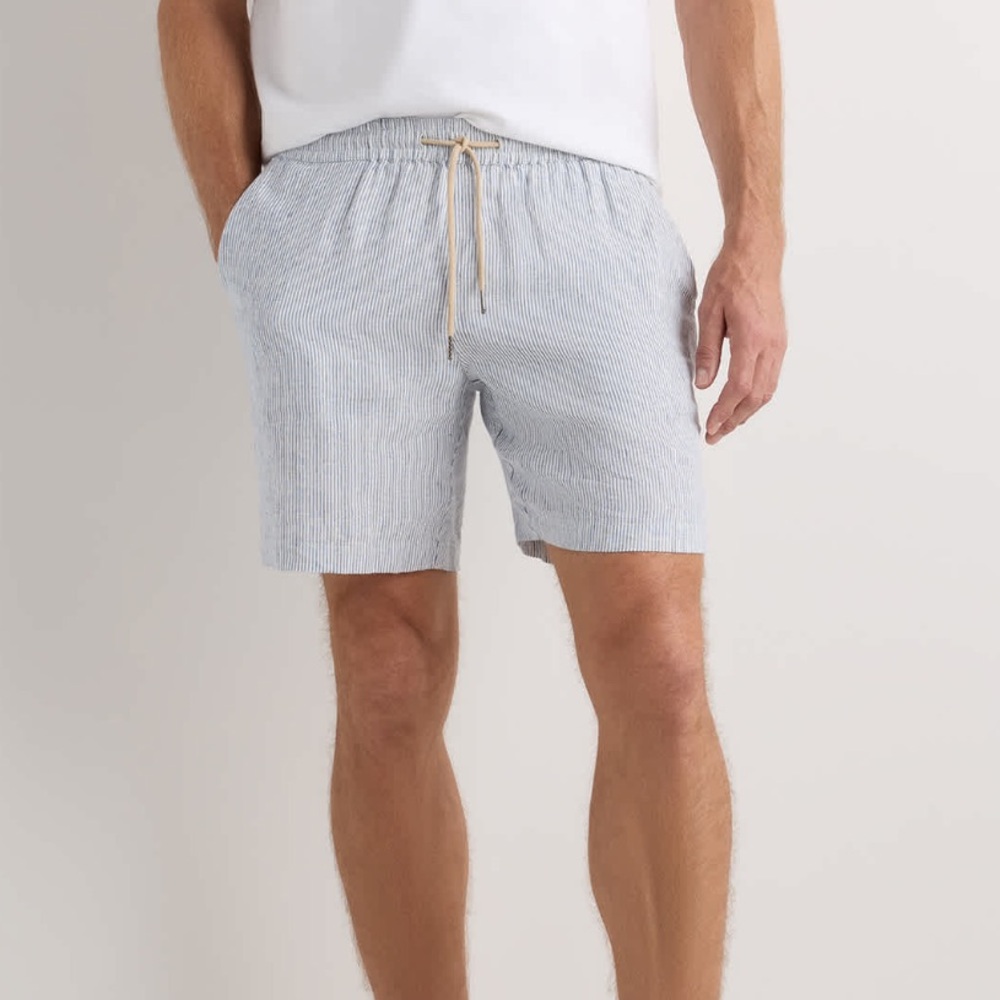 Quince Men’s Linen 7” Blue Stripe Drawstring Beach Shorts